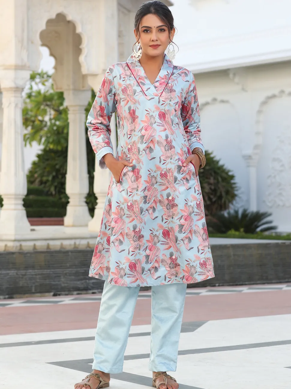 Jaipur Kurti Printed Embroidered Velvet Aline Kurta With Solid Velvet Pant