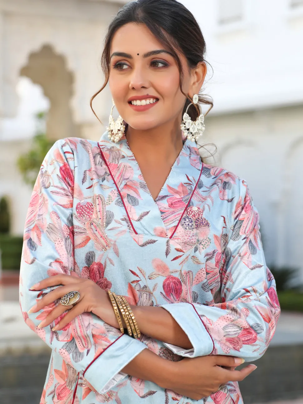 Jaipur Kurti Printed Embroidered Velvet Aline Kurta With Solid Velvet Pant