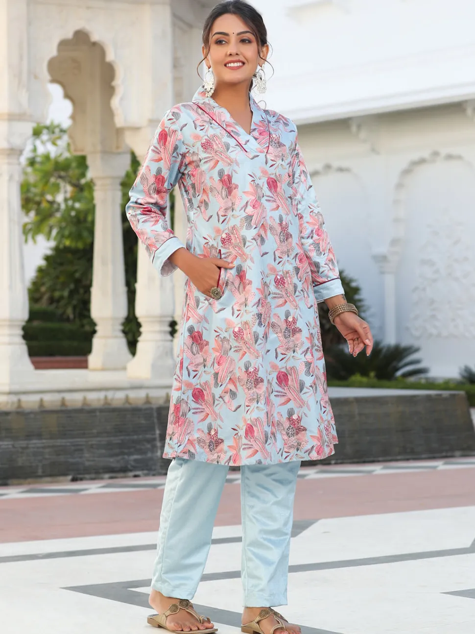 Jaipur Kurti Printed Embroidered Velvet Aline Kurta With Solid Velvet Pant