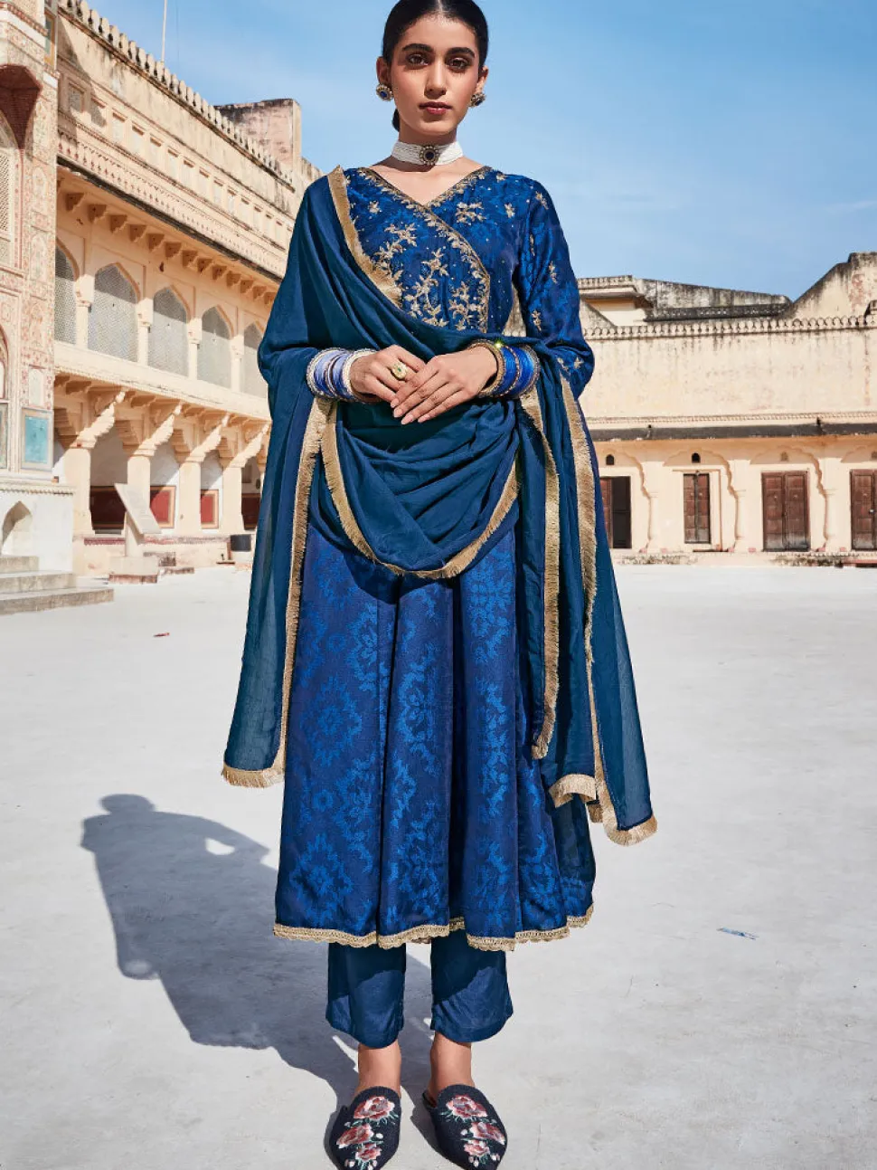 Jaipur Kurti Silk Dobby Embroidered Anarkali Long Kurta With Silk Blend Trousers And Organza Embroidred Dupatta