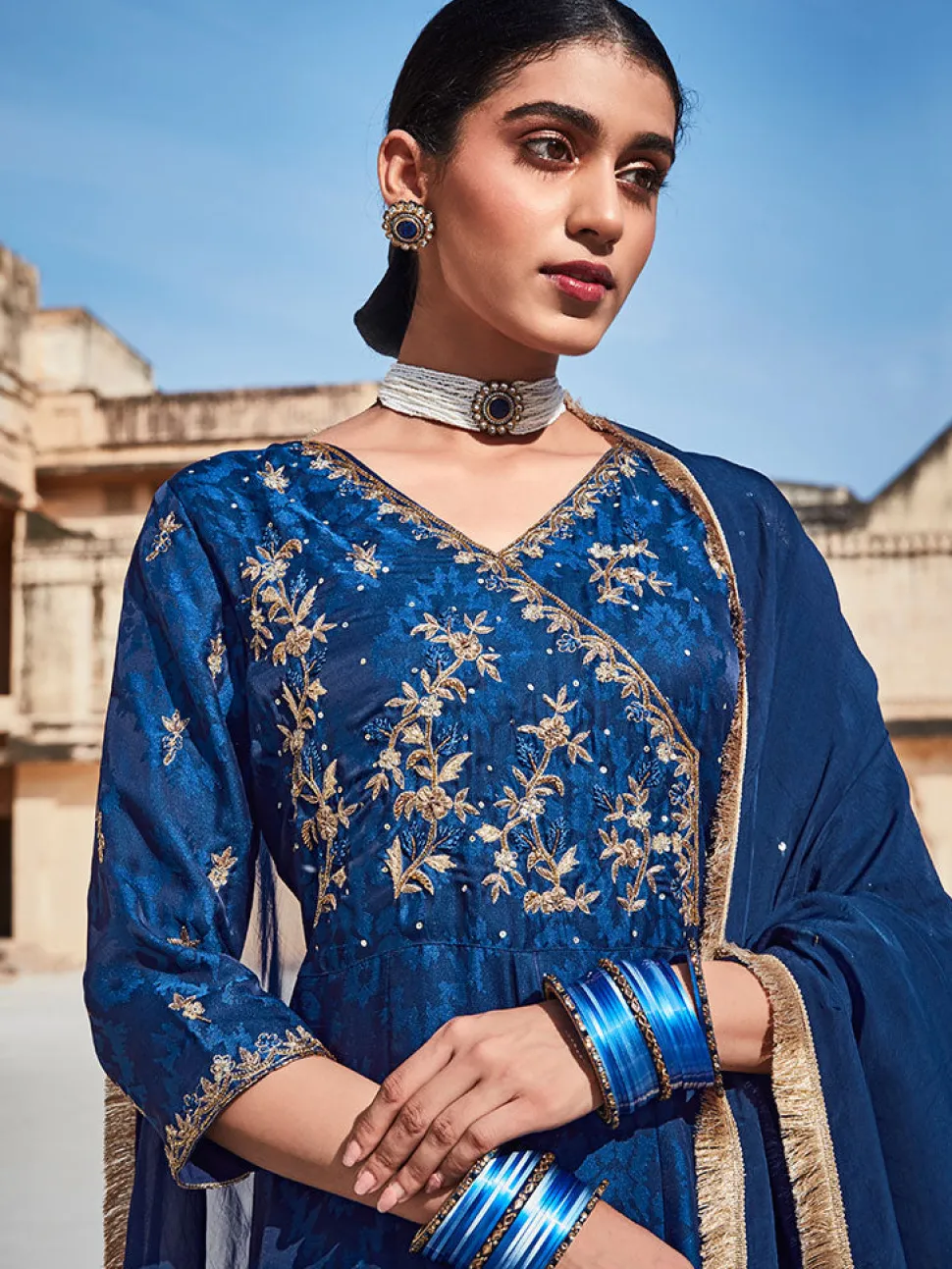 Jaipur Kurti Silk Dobby Embroidered Anarkali Long Kurta With Silk Blend Trousers And Organza Embroidred Dupatta