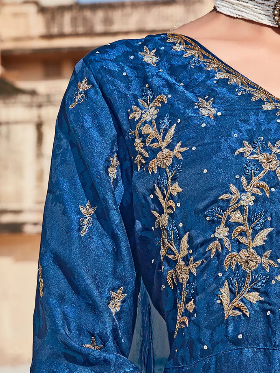 Jaipur Kurti Silk Dobby Embroidered Anarkali Long Kurta With Silk Blend Trousers And Organza Embroidred Dupatta