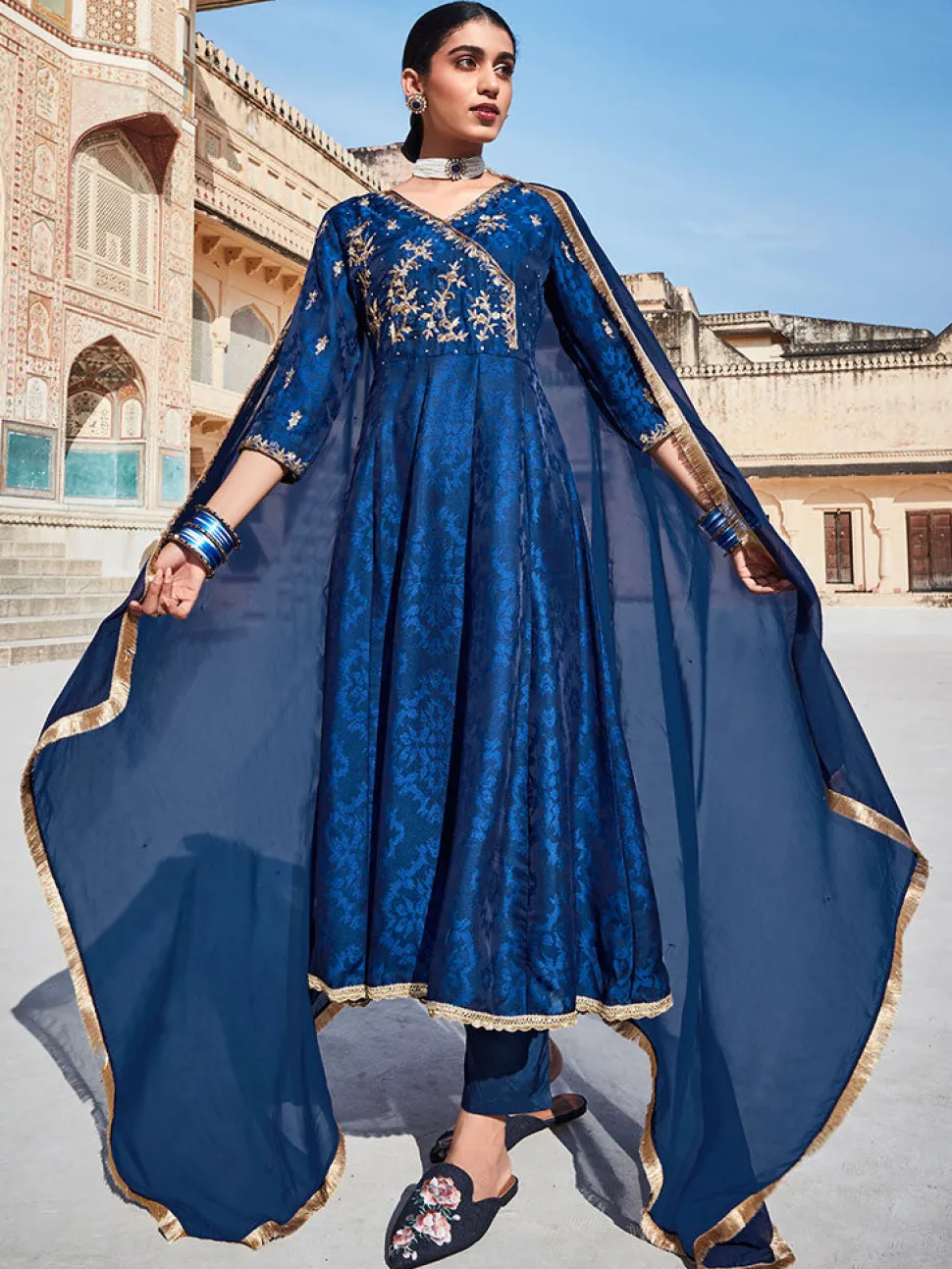 Jaipur Kurti Silk Dobby Embroidered Anarkali Long Kurta With Silk Blend Trousers And Organza Embroidred Dupatta