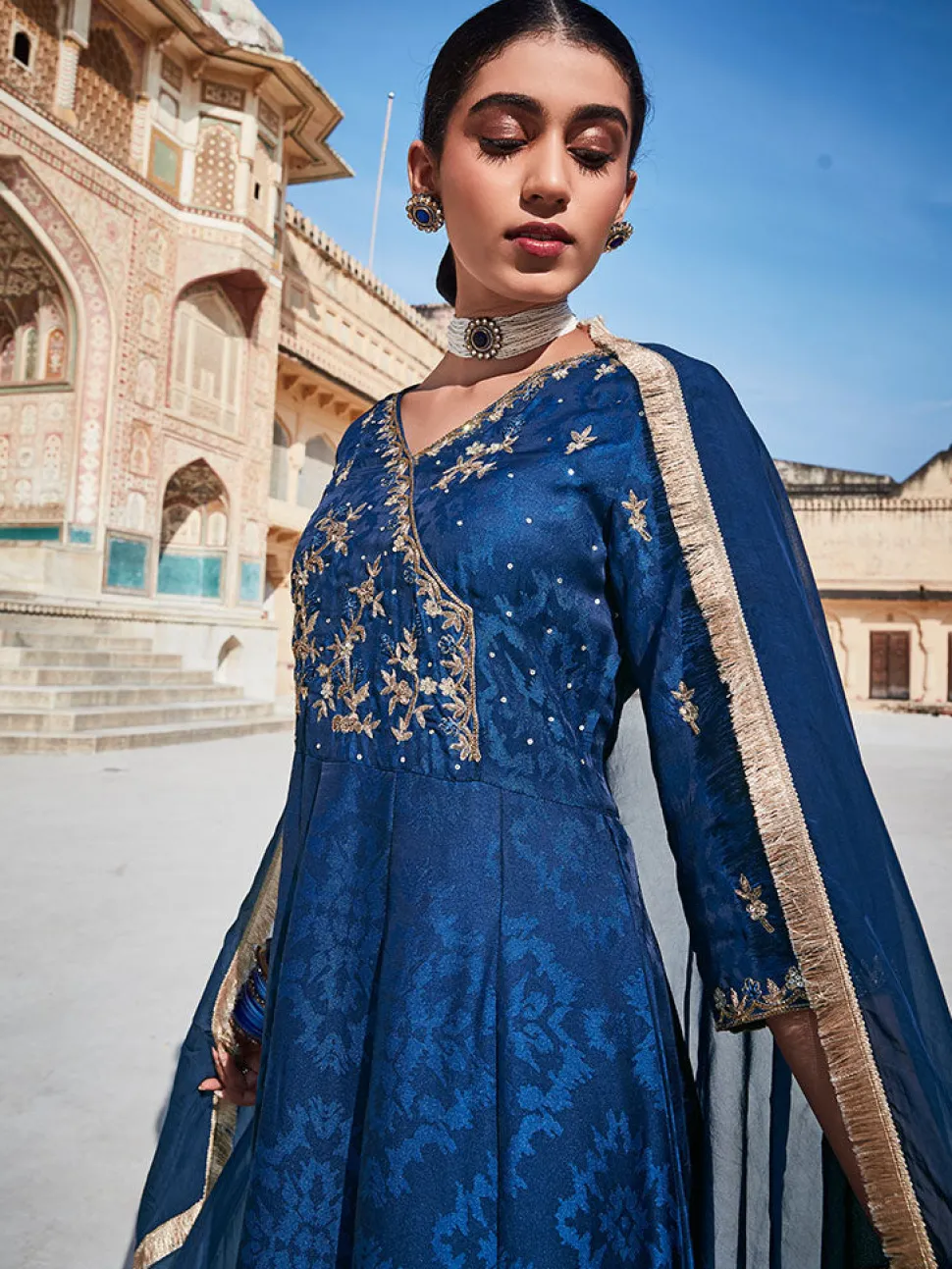 Jaipur Kurti Silk Dobby Embroidered Anarkali Long Kurta With Silk Blend Trousers And Organza Embroidred Dupatta
