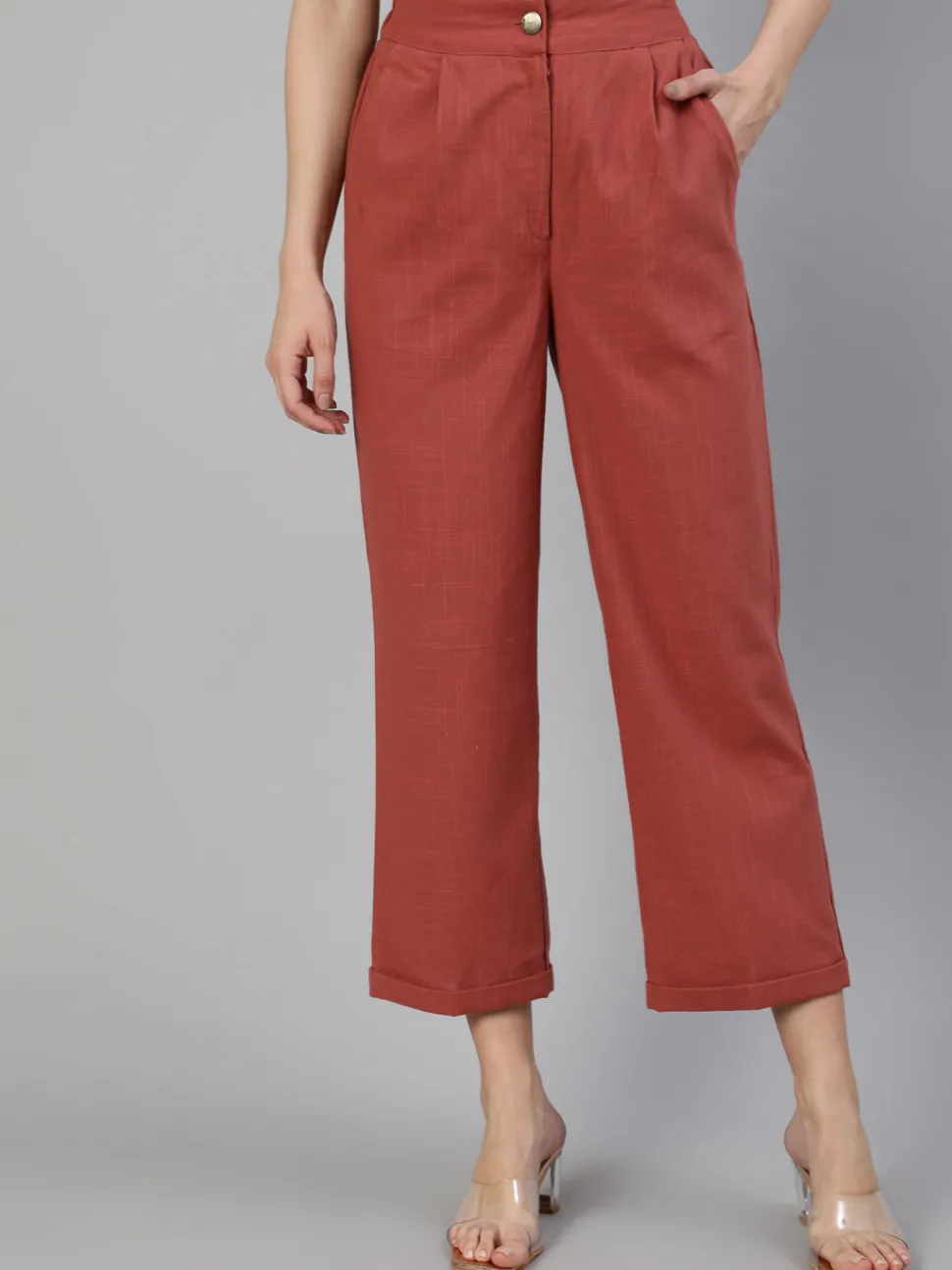 Jaipur Kurti Brick Red Cotton Slub Straight High Rise Bottom Fold Pants