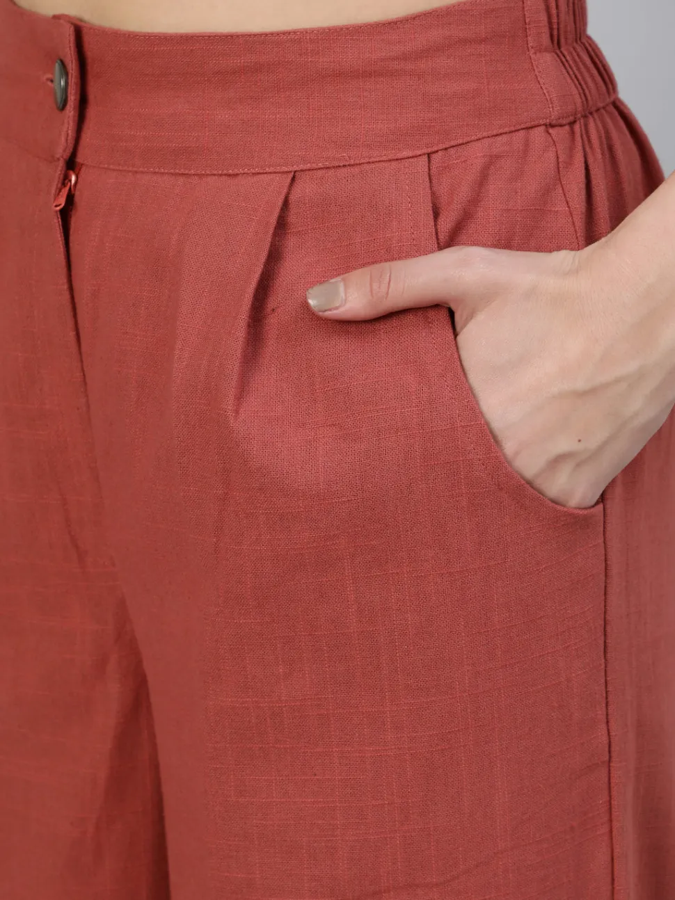 Jaipur Kurti Brick Red Cotton Slub Straight High Rise Bottom Fold Pants