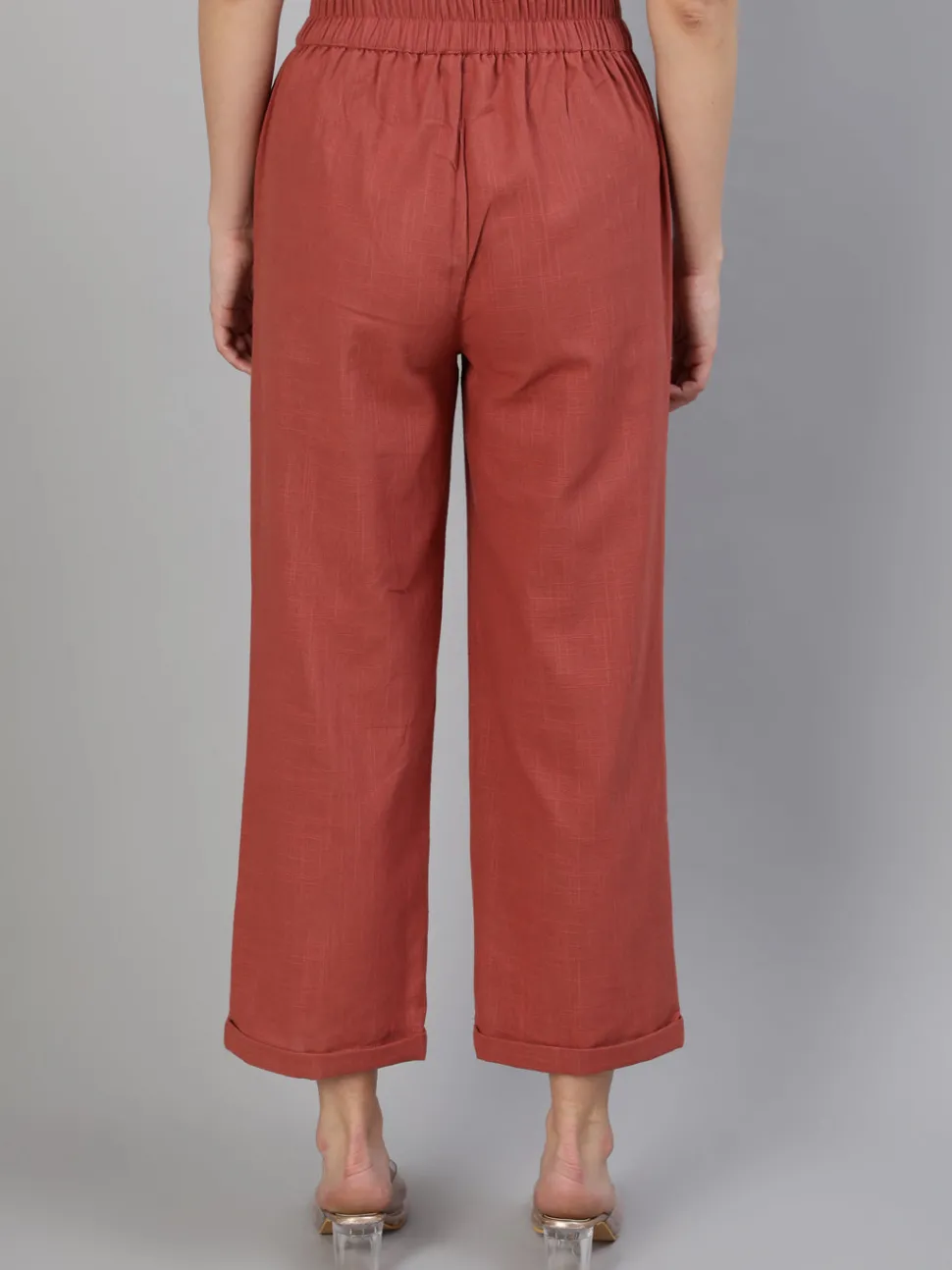 Jaipur Kurti Brick Red Cotton Slub Straight High Rise Bottom Fold Pants