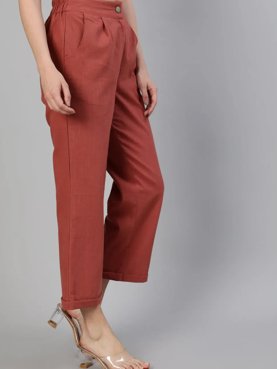 Jaipur Kurti Brick Red Cotton Slub Straight High Rise Bottom Fold Pants