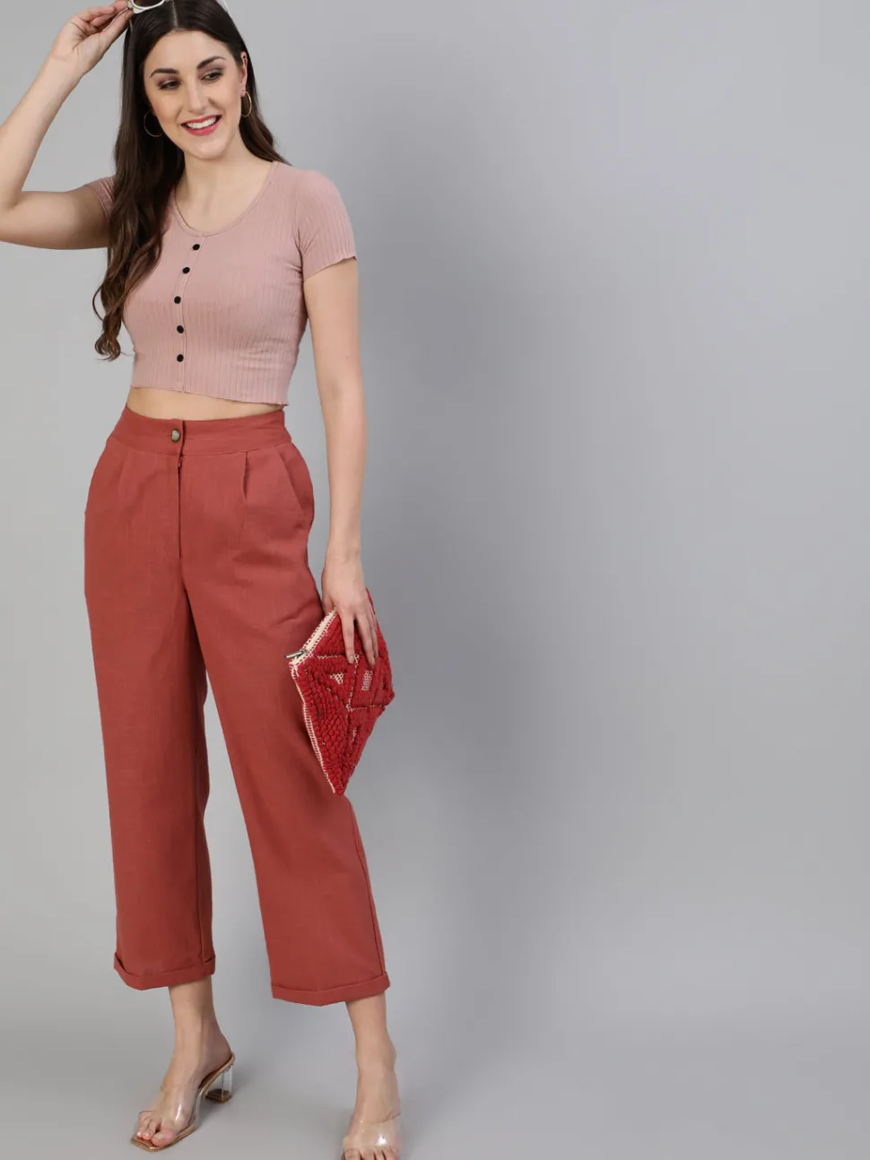 Jaipur Kurti Brick Red Cotton Slub Straight High Rise Bottom Fold Pants