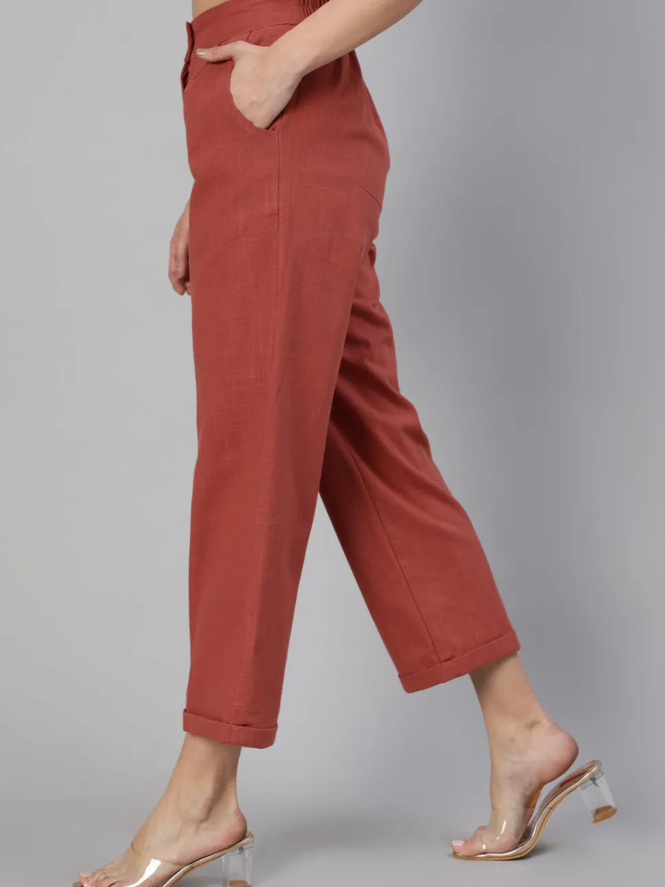 Jaipur Kurti Brick Red Cotton Slub Straight High Rise Bottom Fold Pants