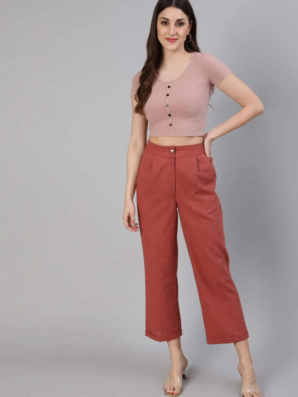 Jaipur Kurti Brick Red Cotton Slub Straight High Rise Bottom Fold Pants