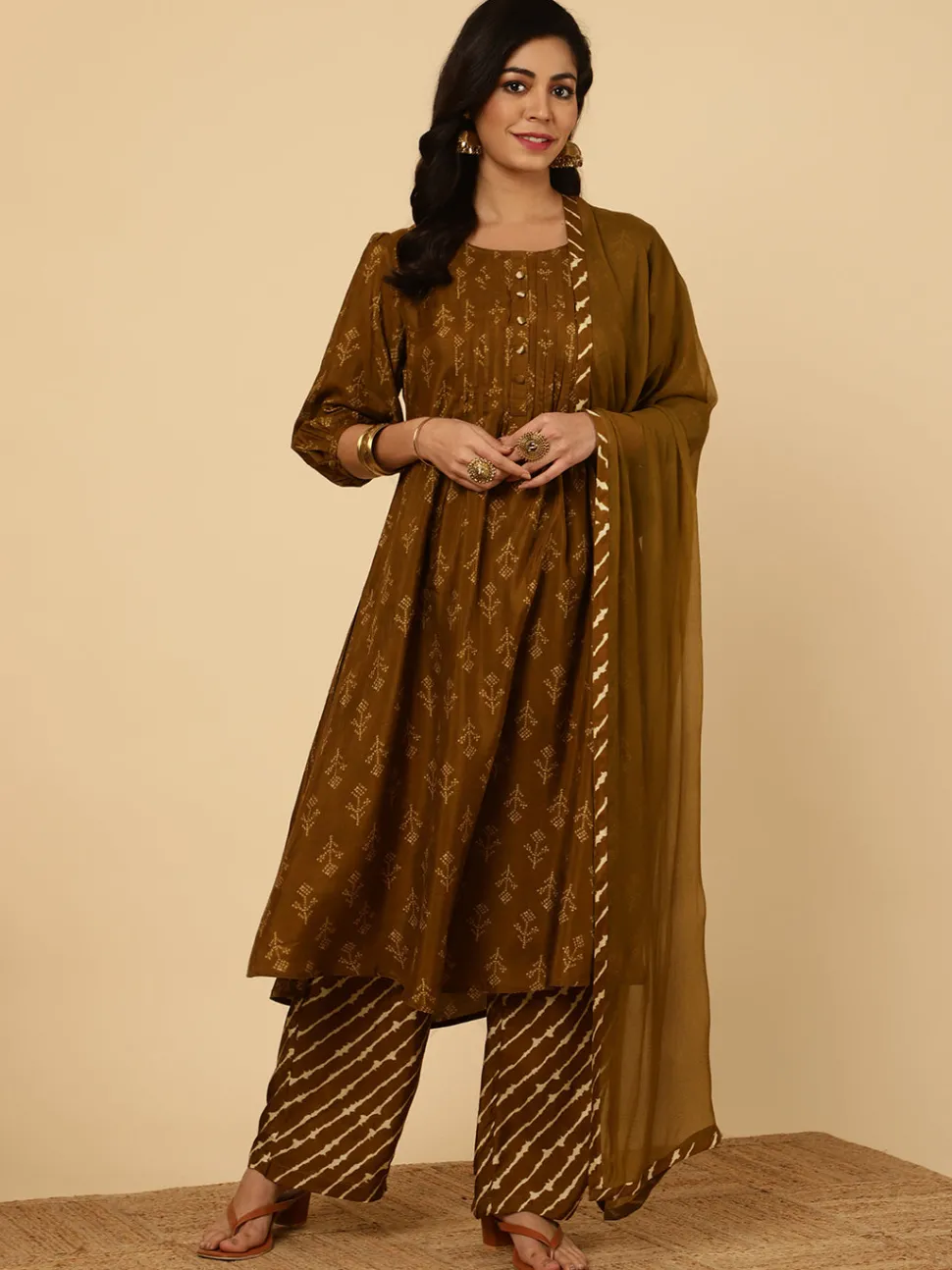 Jaipur Kurti Dola Silk Pleated Bandhani Kurta With Palazzo And Dupatta