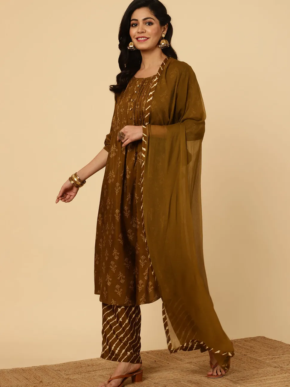 Jaipur Kurti Dola Silk Pleated Bandhani Kurta With Palazzo And Dupatta