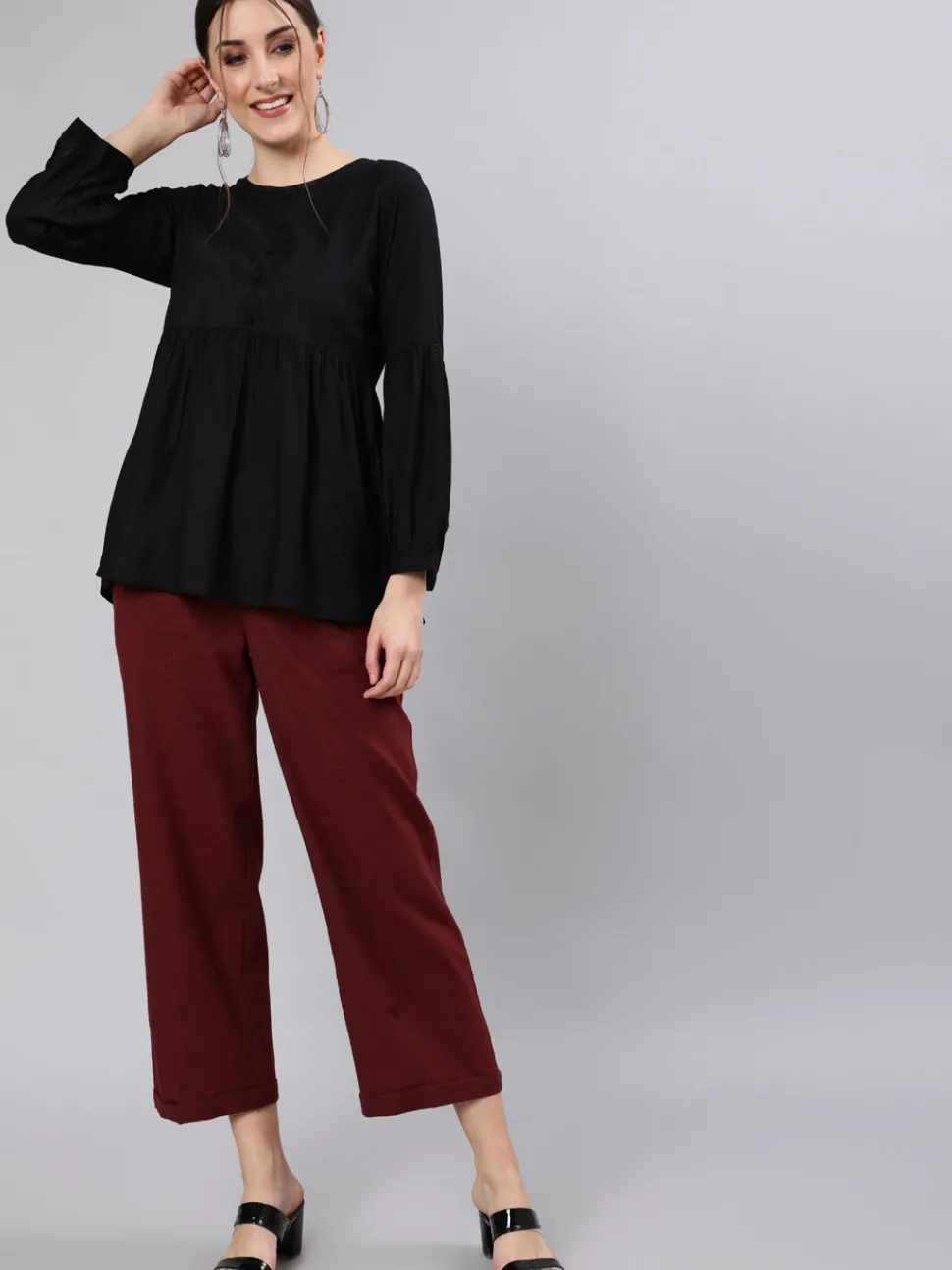 Jaipur Kurti Cotton Slub Straight High Rise Bottom-Fold Pants