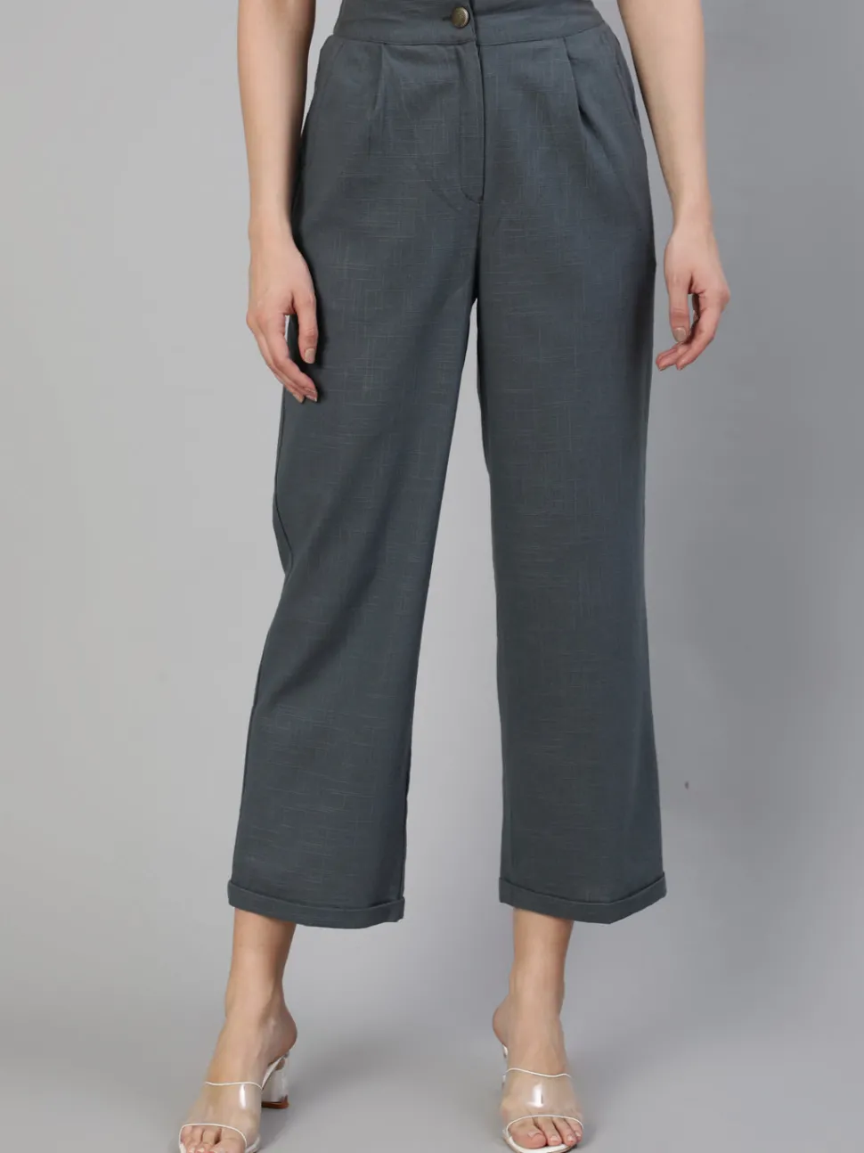 Jaipur Kurti Charcoal Grey Cotton Slub Straight High Rise Bottom Fold Pants