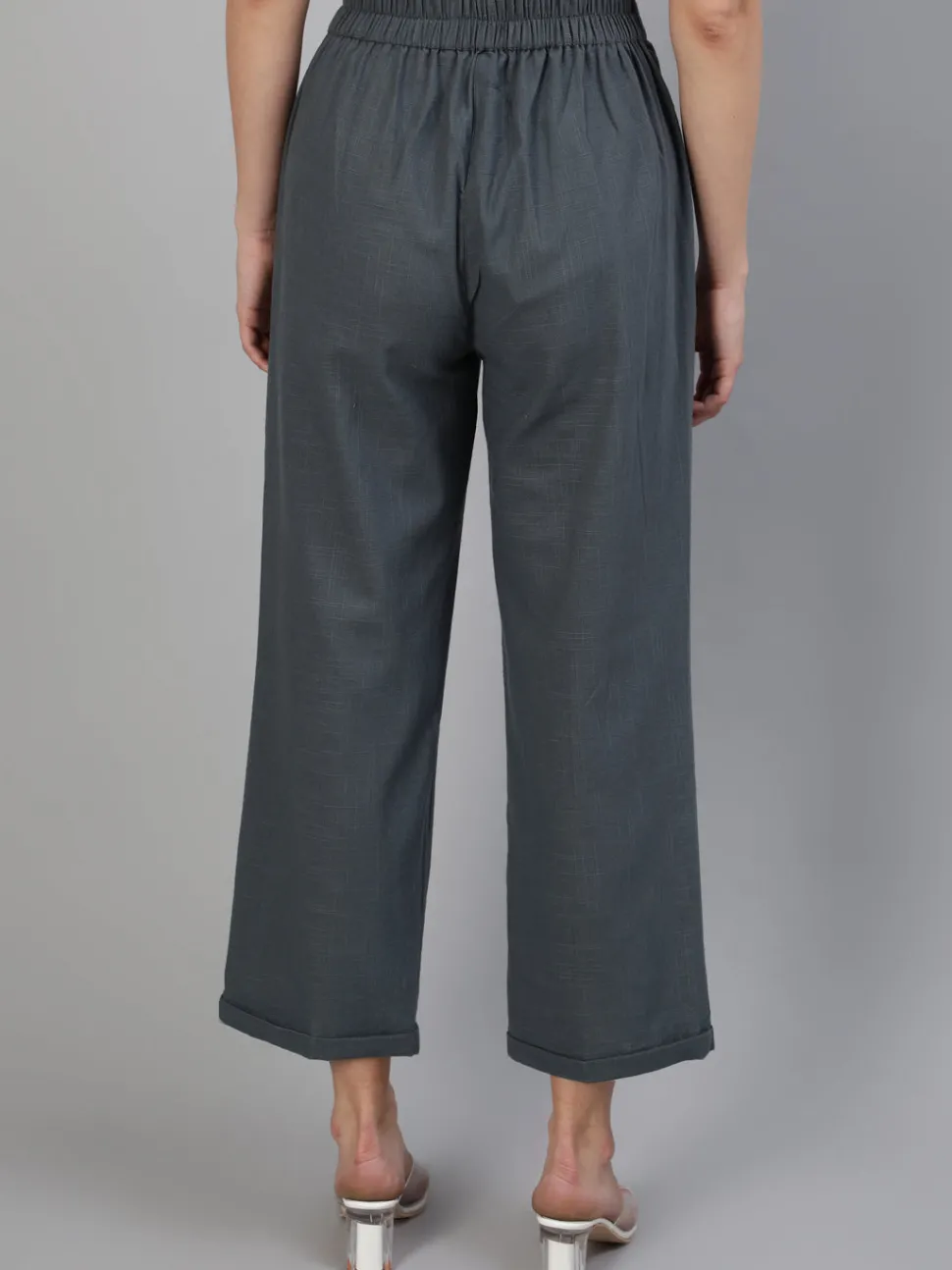 Jaipur Kurti Charcoal Grey Cotton Slub Straight High Rise Bottom Fold Pants