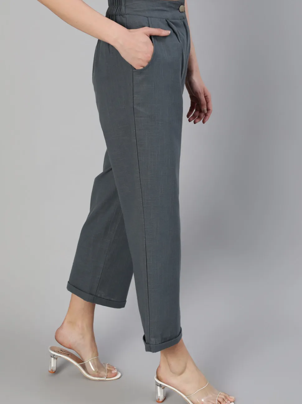 Jaipur Kurti Charcoal Grey Cotton Slub Straight High Rise Bottom Fold Pants