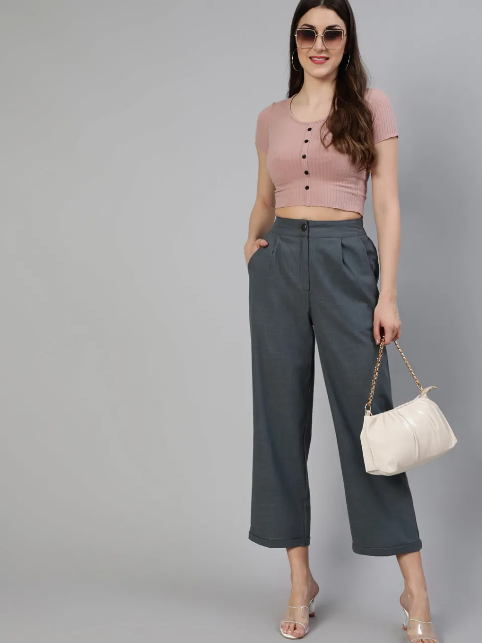 Jaipur Kurti Charcoal Grey Cotton Slub Straight High Rise Bottom Fold Pants