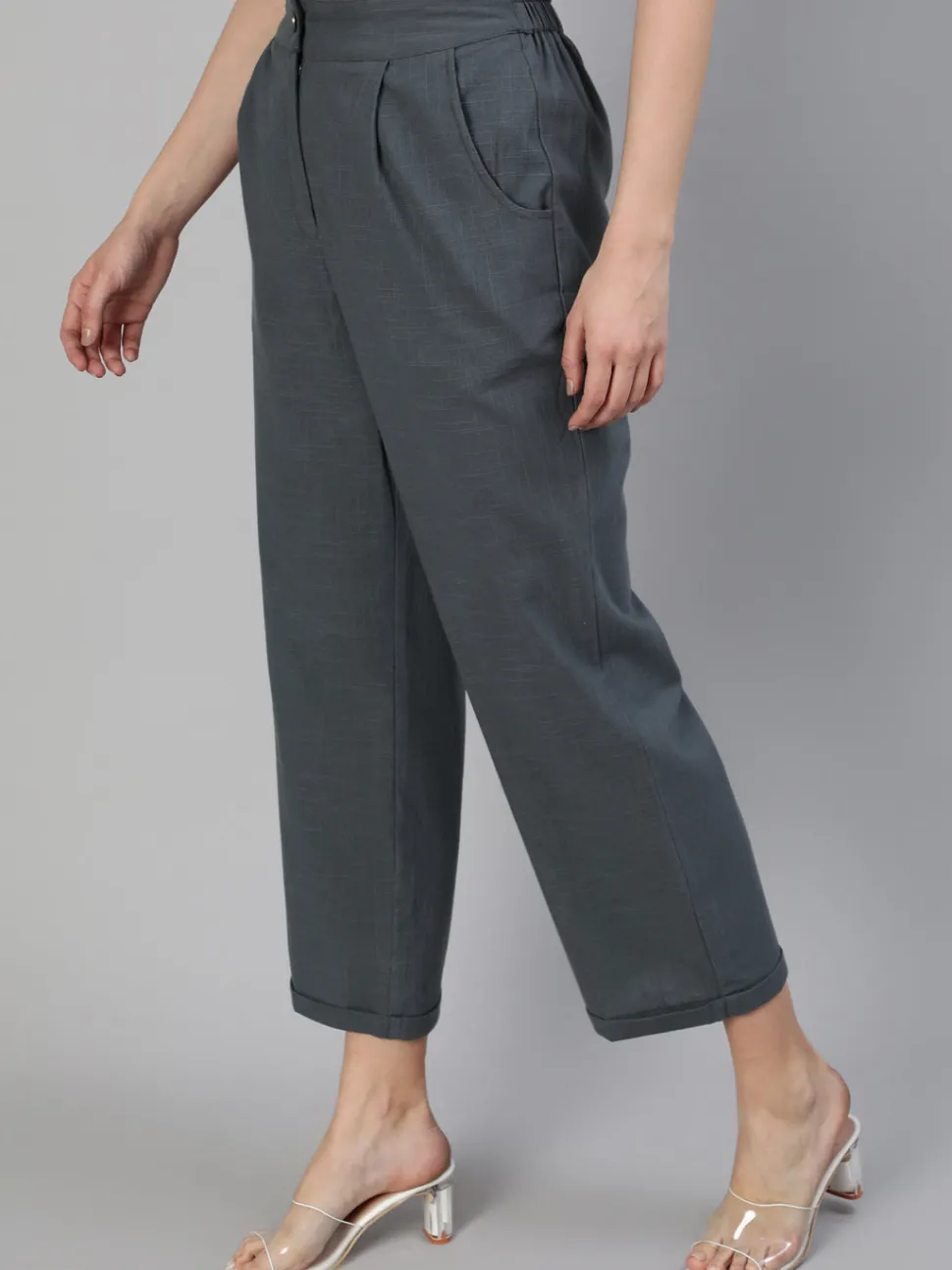 Jaipur Kurti Charcoal Grey Cotton Slub Straight High Rise Bottom Fold Pants