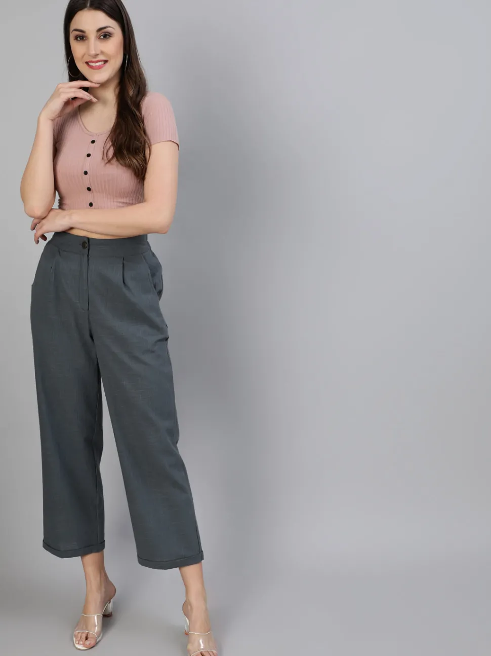 Jaipur Kurti Charcoal Grey Cotton Slub Straight High Rise Bottom Fold Pants