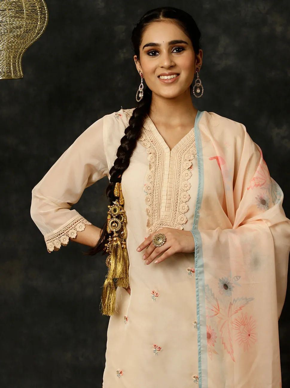Jaipur Kurti Aari Work Art Silk Kurta With Pants And Dupatta