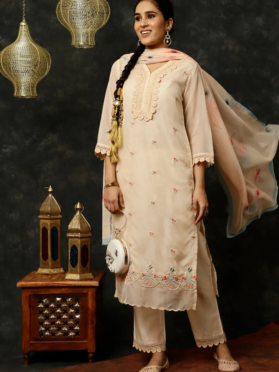Jaipur Kurti Aari Work Art Silk Kurta With Pants And Dupatta