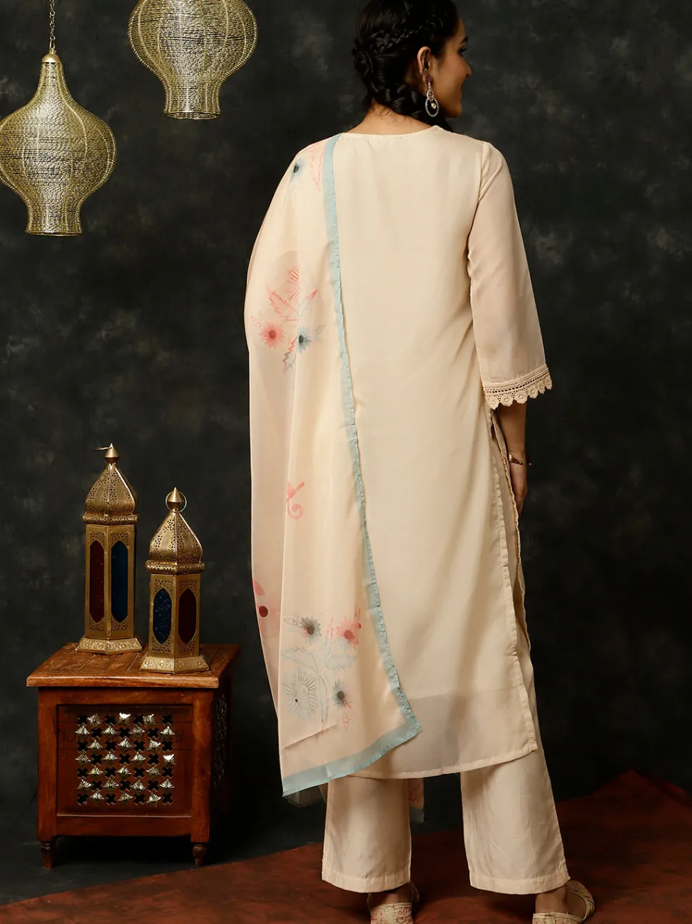 Jaipur Kurti Aari Work Art Silk Kurta With Pants And Dupatta