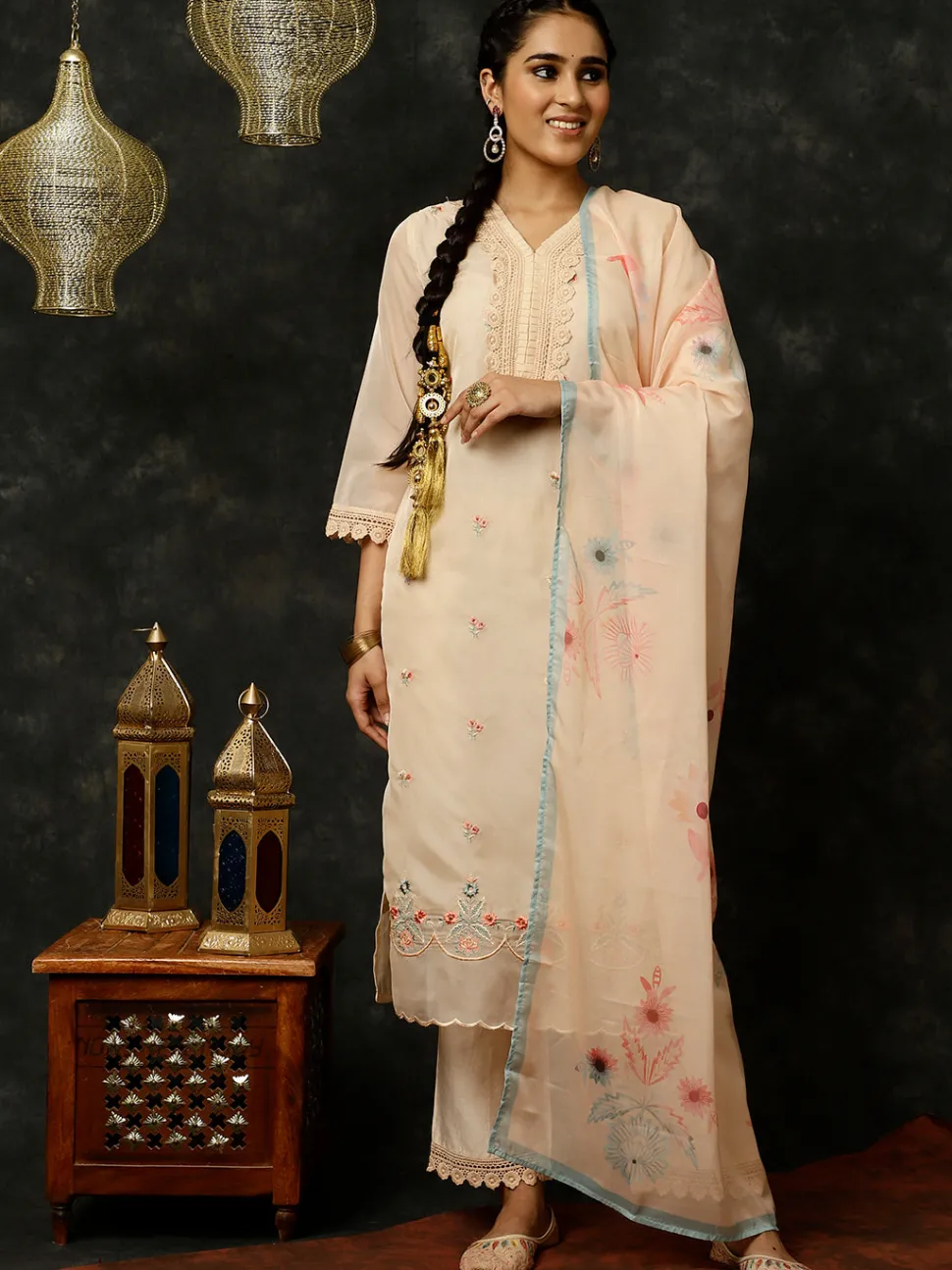 Jaipur Kurti Aari Work Art Silk Kurta With Pants And Dupatta