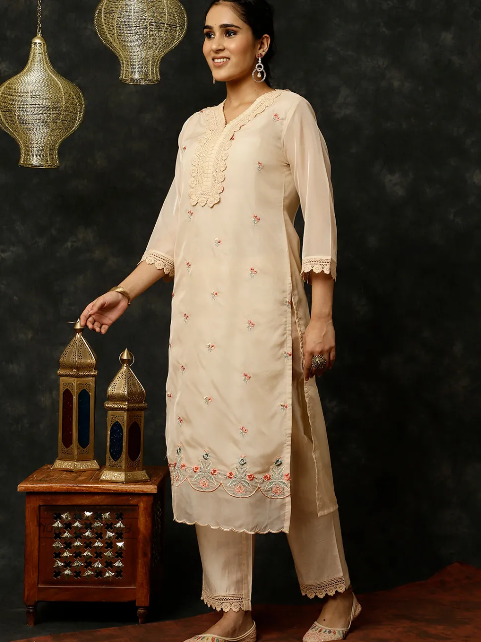Jaipur Kurti Aari Work Art Silk Kurta With Pants And Dupatta
