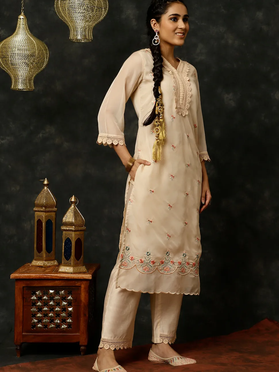 Jaipur Kurti Aari Work Art Silk Kurta With Pants And Dupatta