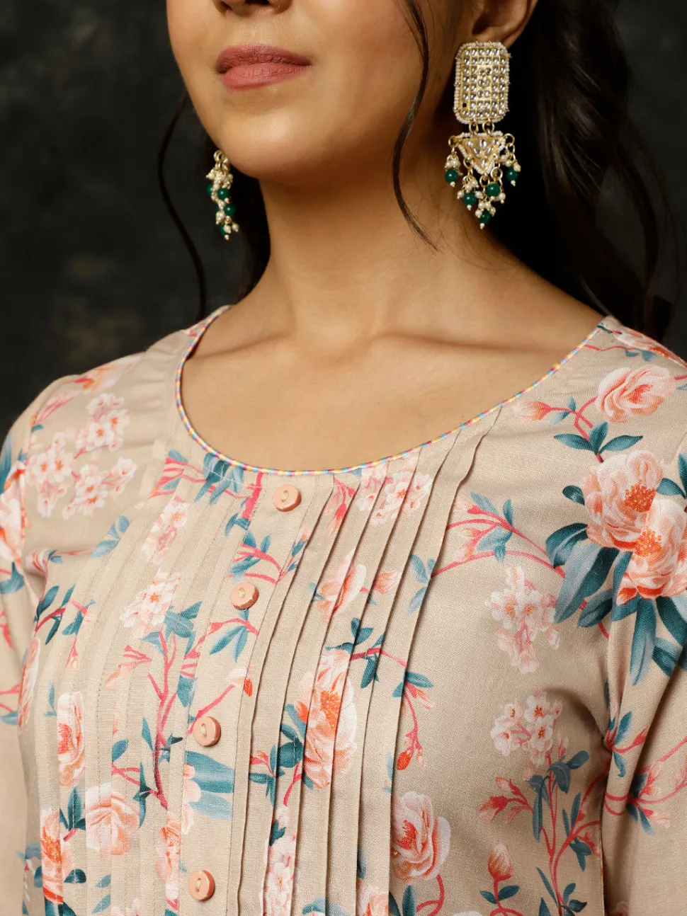 Jaipur Kurti Embroidered Rose Print Pleated Kurta With Pants And Dupatta