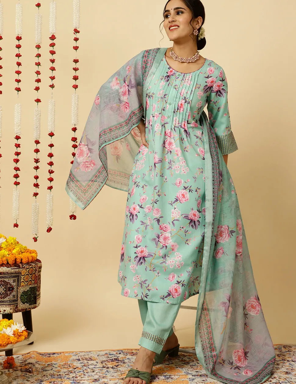 Jaipur Kurti Embroidered Rose Print Pleated Kurta With Pants And Dupatta