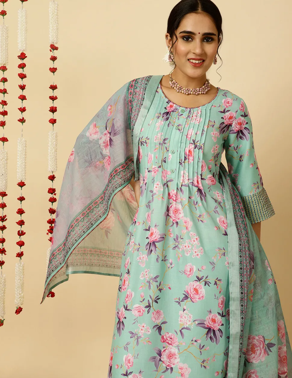 Jaipur Kurti Embroidered Rose Print Pleated Kurta With Pants And Dupatta