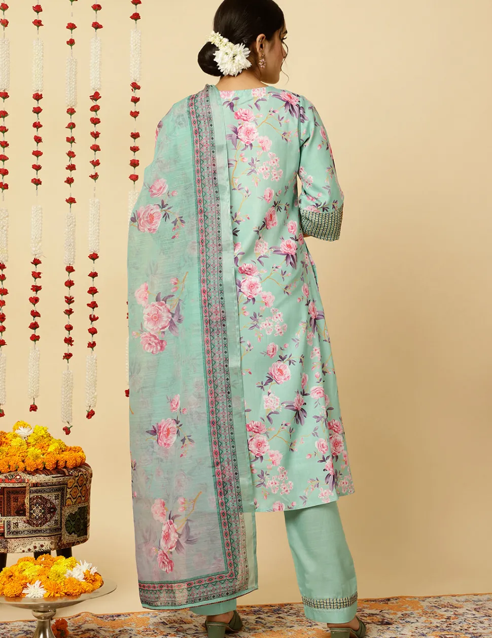 Jaipur Kurti Embroidered Rose Print Pleated Kurta With Pants And Dupatta