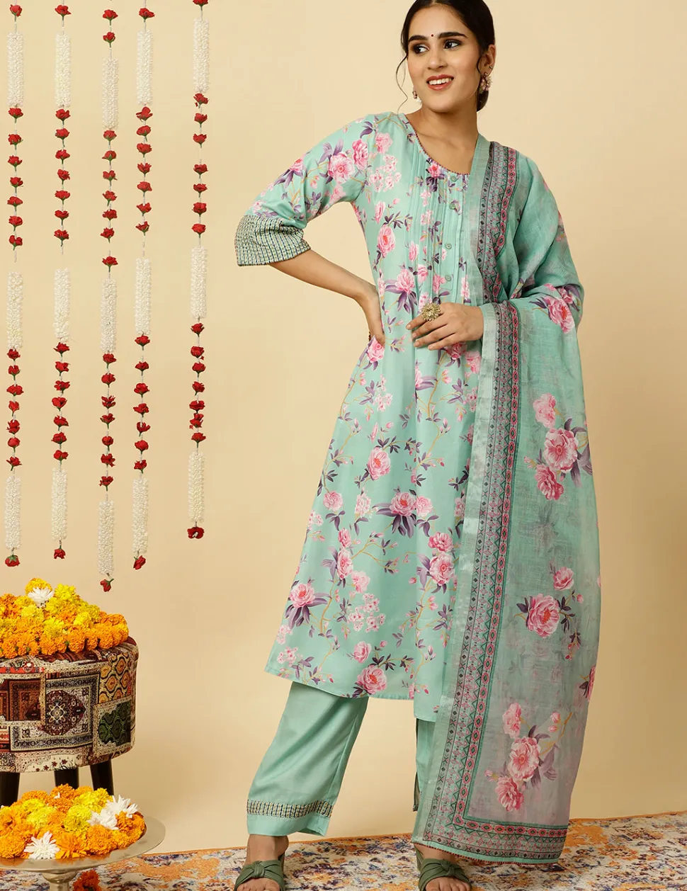 Jaipur Kurti Embroidered Rose Print Pleated Kurta With Pants And Dupatta