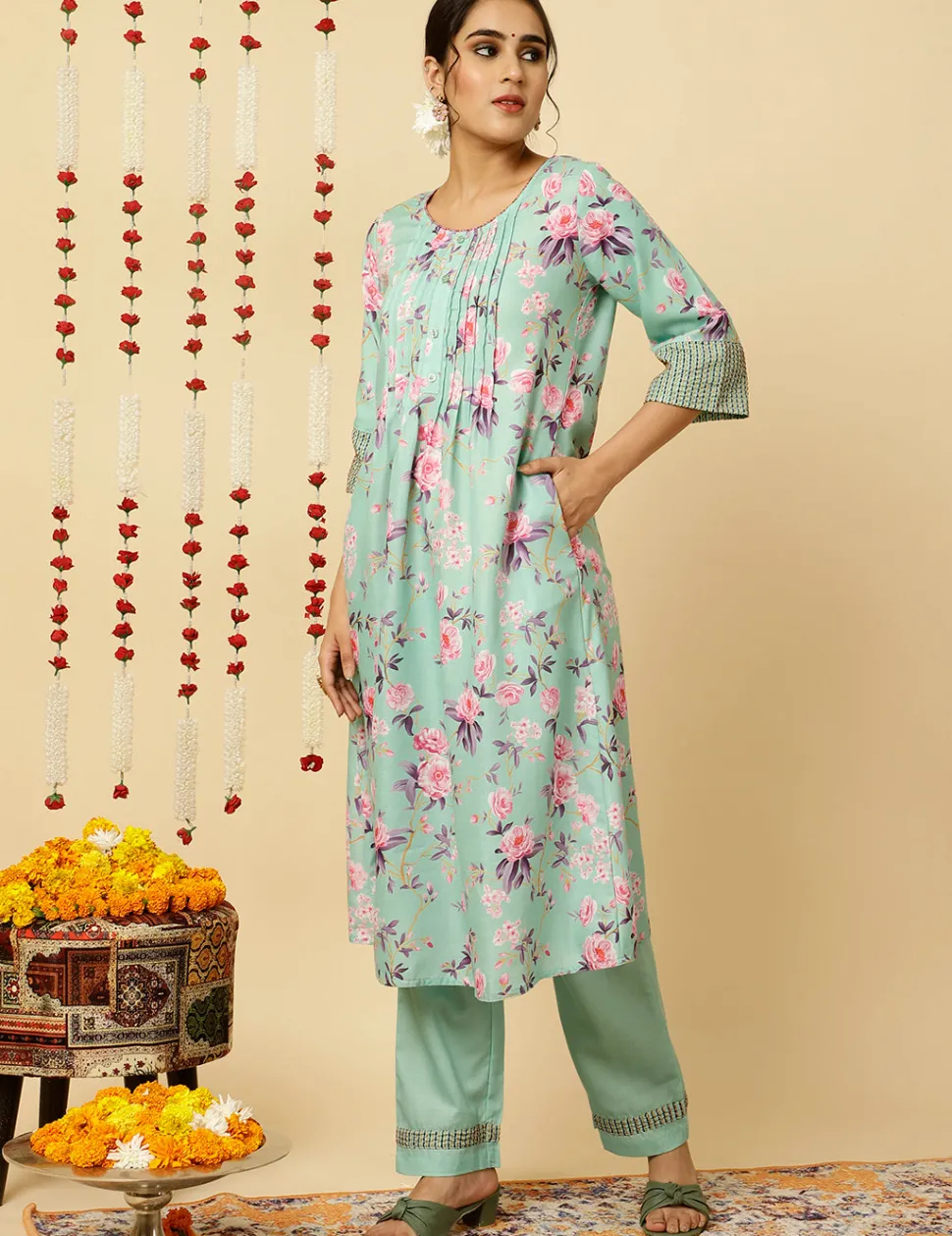 Jaipur Kurti Embroidered Rose Print Pleated Kurta With Pants And Dupatta