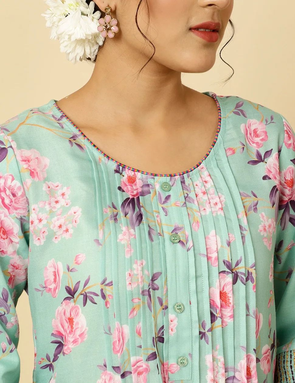 Jaipur Kurti Embroidered Rose Print Pleated Kurta With Pants And Dupatta