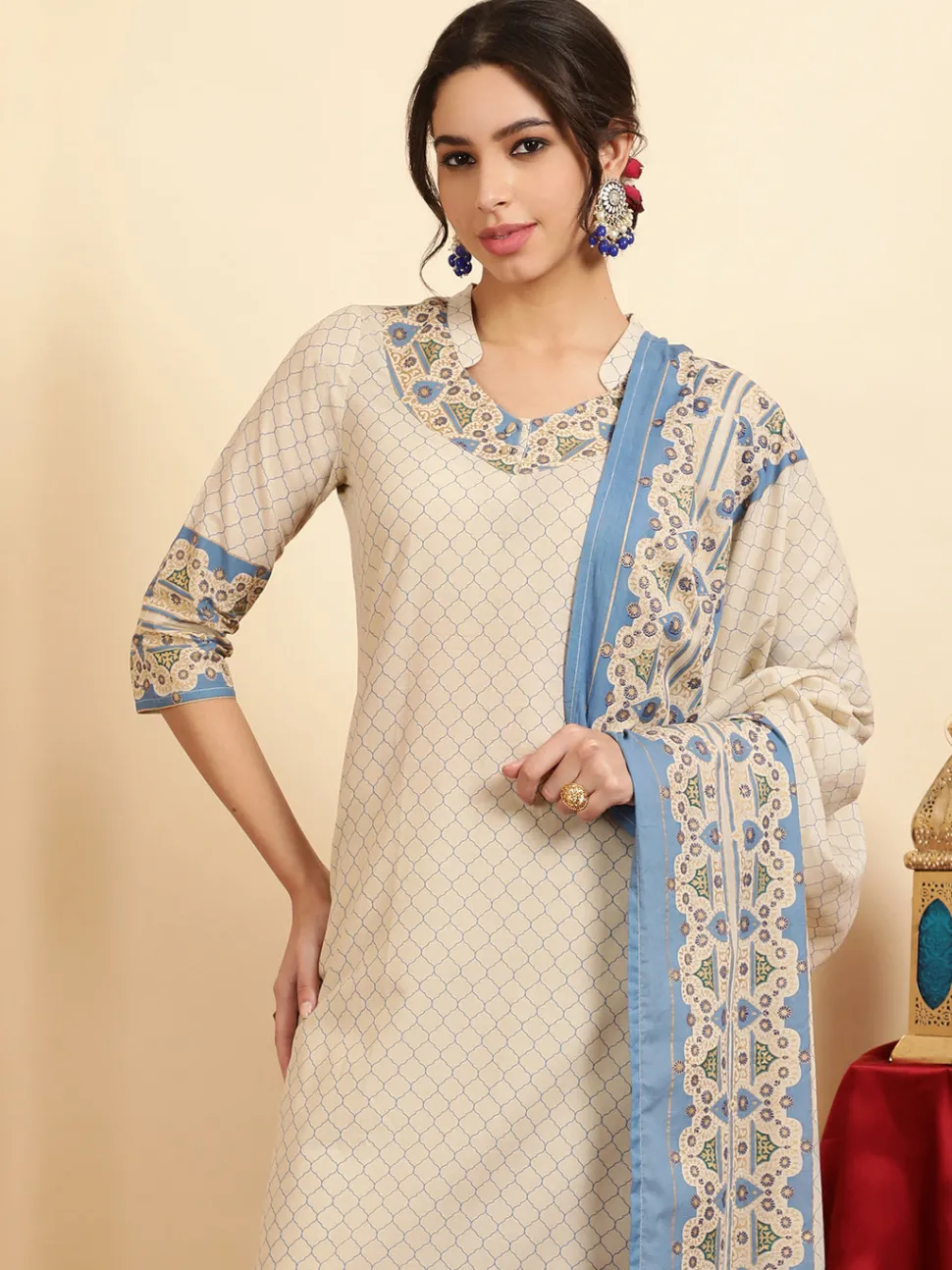 Jaipur Kurti Ethnic Printed Cotton Straight Kurta With Pants And Dupatta
