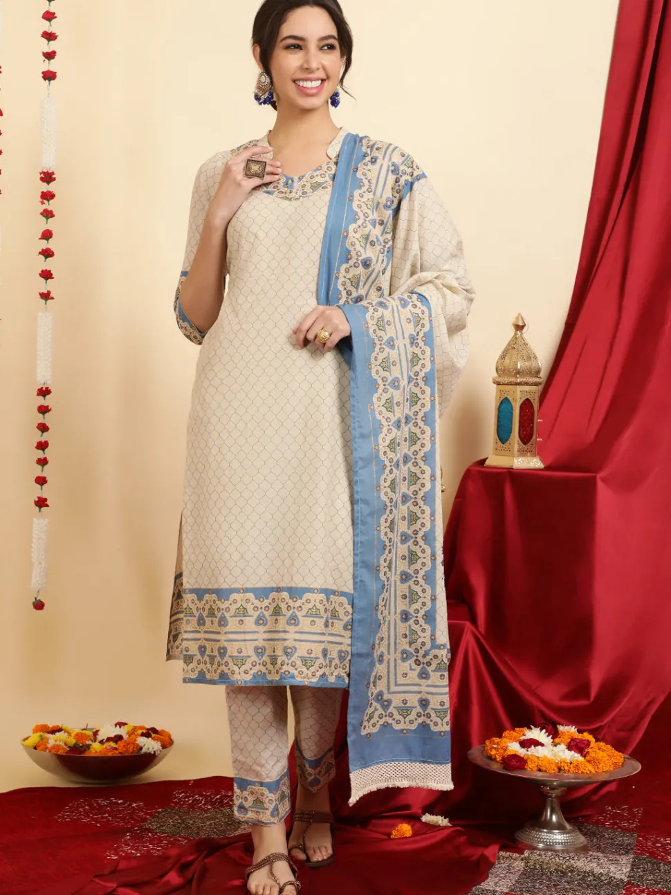 Jaipur Kurti Ethnic Printed Cotton Straight Kurta With Pants And Dupatta