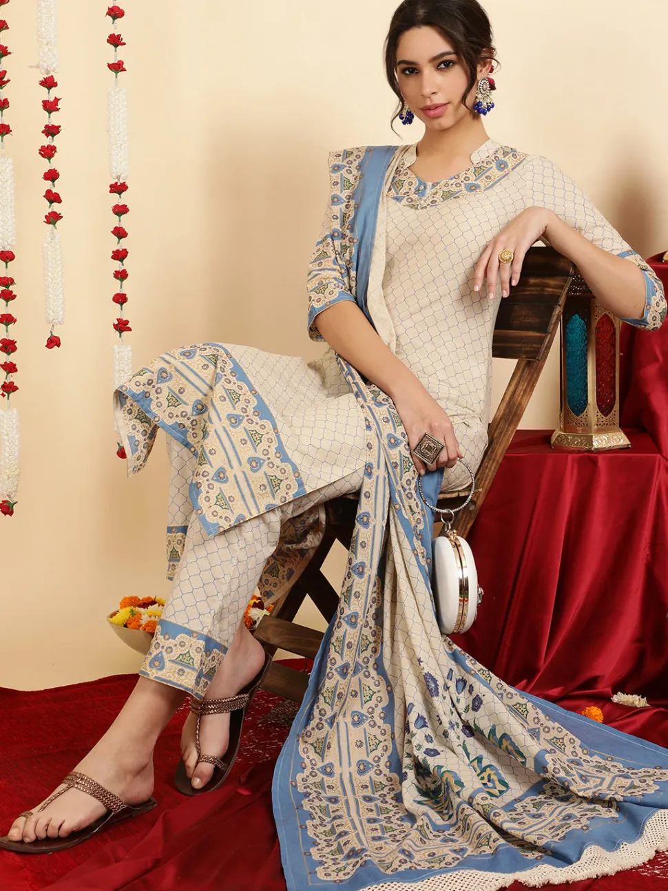 Jaipur Kurti Ethnic Printed Cotton Straight Kurta With Pants And Dupatta