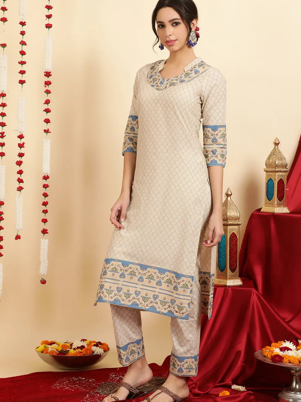 Jaipur Kurti Ethnic Printed Cotton Straight Kurta With Pants And Dupatta
