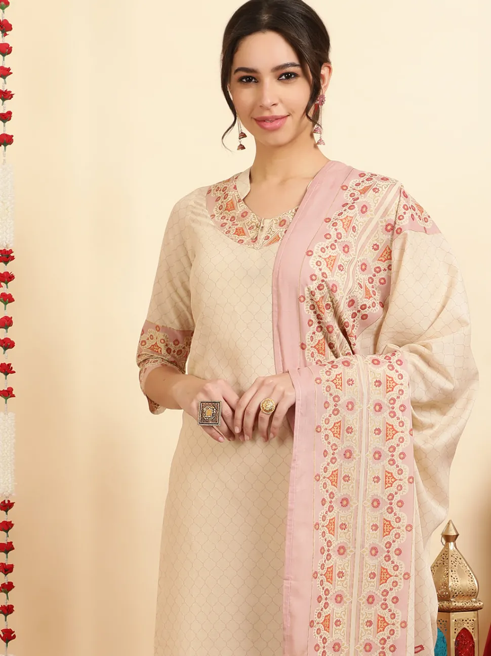 Jaipur Kurti Ethnic Printed Maroon Cotton Straight Kurta With Pants And Dupatta