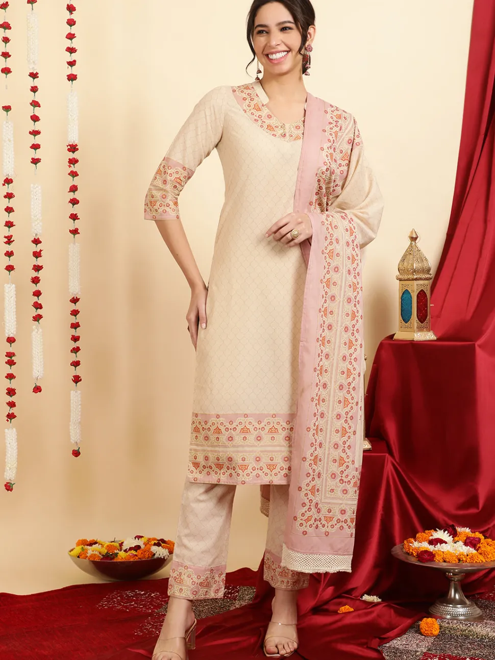 Jaipur Kurti Ethnic Printed Maroon Cotton Straight Kurta With Pants And Dupatta