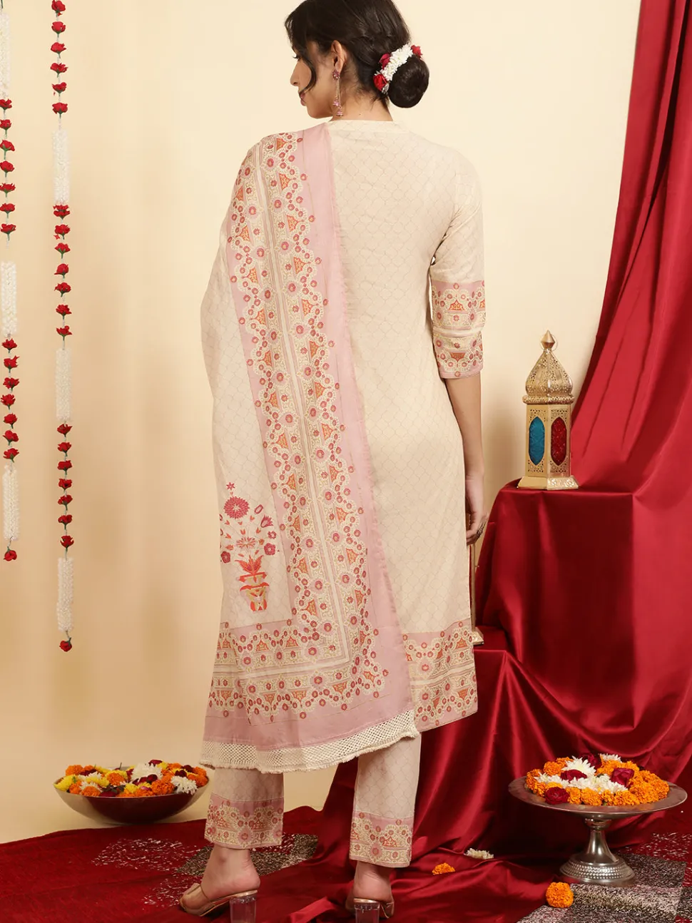 Jaipur Kurti Ethnic Printed Maroon Cotton Straight Kurta With Pants And Dupatta