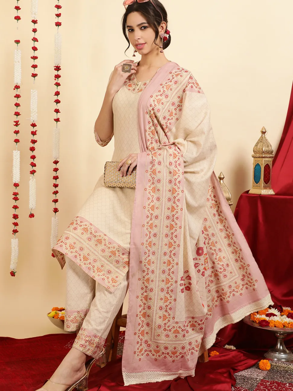 Jaipur Kurti Ethnic Printed Maroon Cotton Straight Kurta With Pants And Dupatta