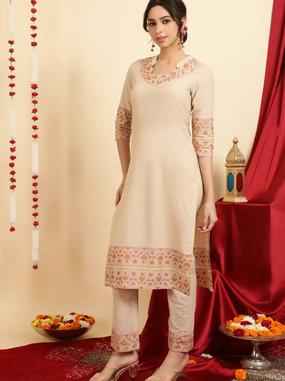 Jaipur Kurti Ethnic Printed Maroon Cotton Straight Kurta With Pants And Dupatta