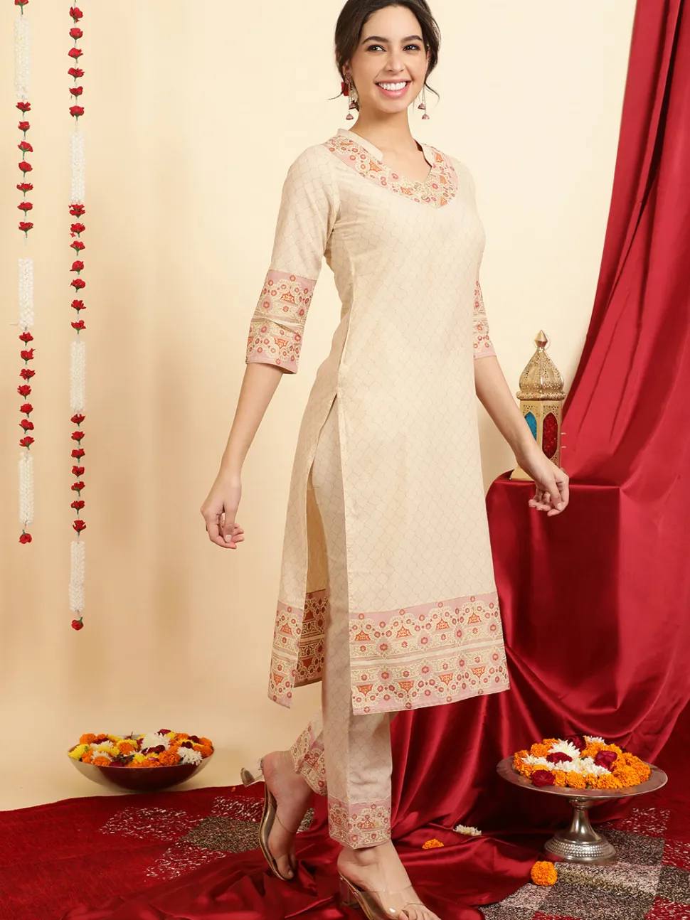 Jaipur Kurti Ethnic Printed Maroon Cotton Straight Kurta With Pants And Dupatta