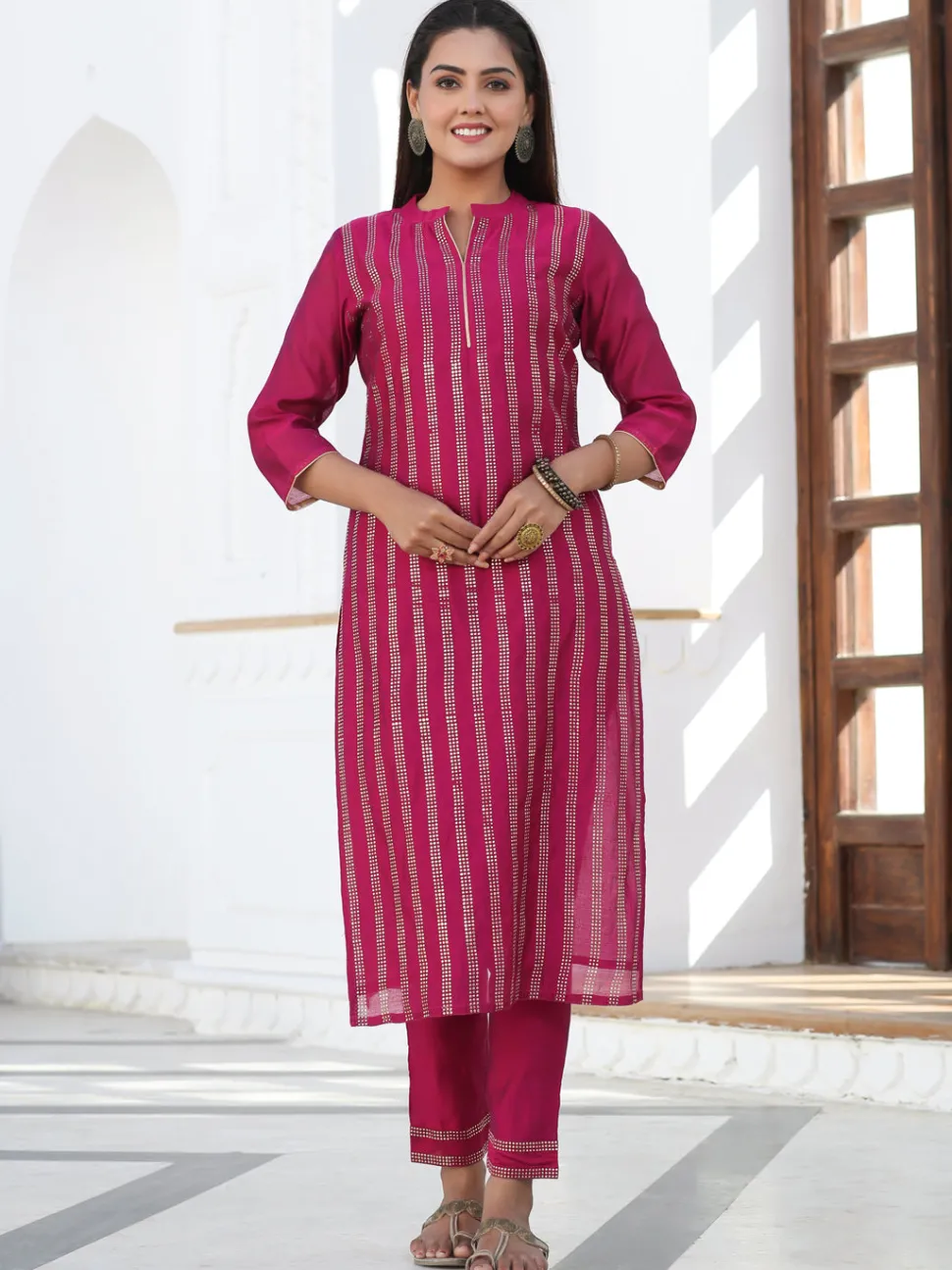 Jaipur Kurti Foil Printed Chanderi Straight Kurta Paired With Solid Pant