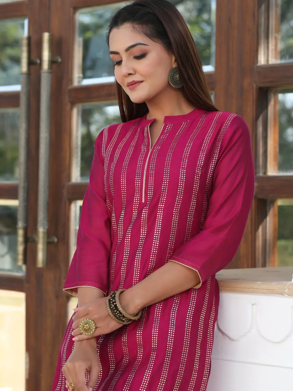 Jaipur Kurti Foil Printed Chanderi Straight Kurta Paired With Solid Pant