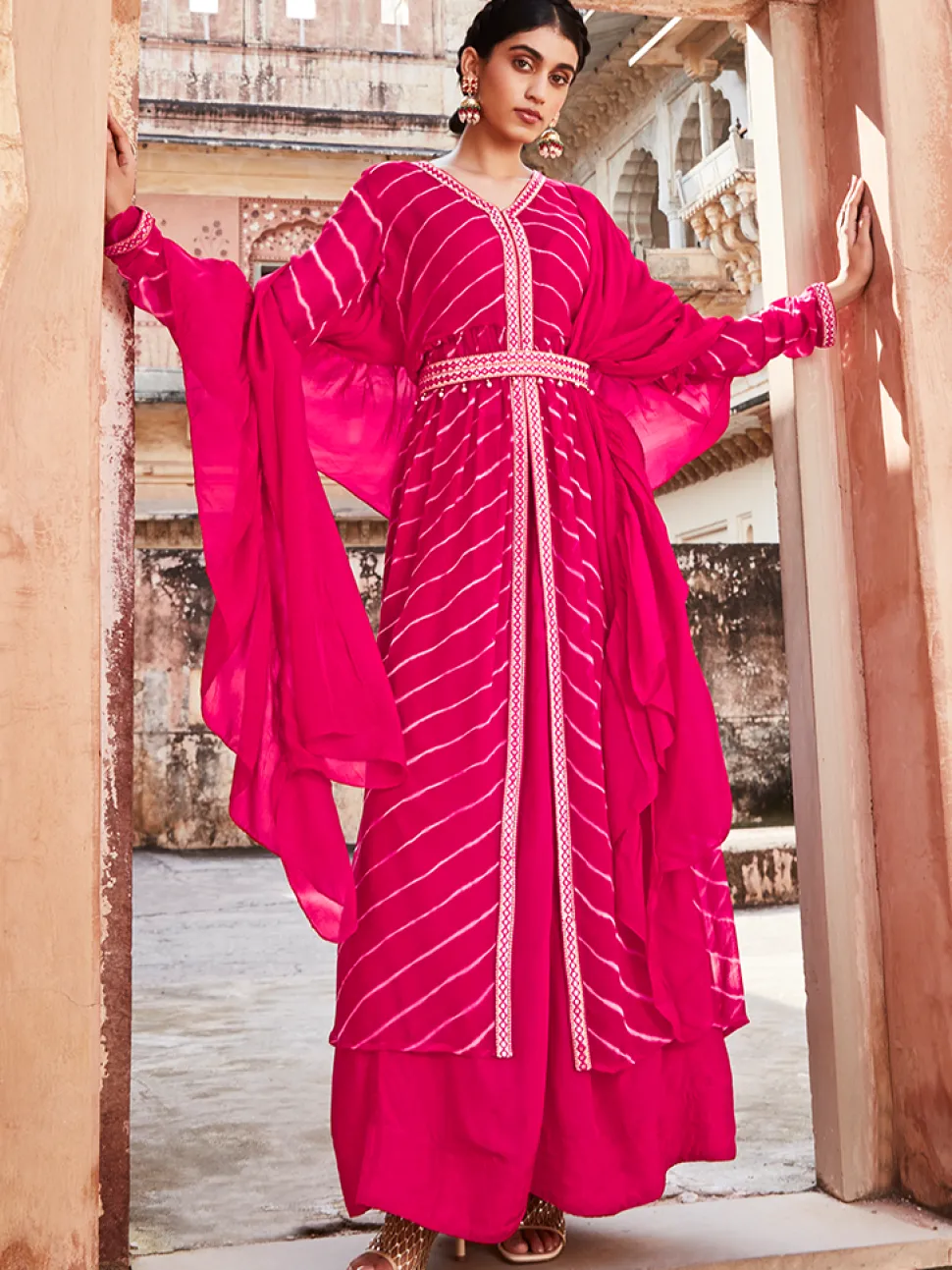 Jaipur Kurti Lehriya Flared Jacket With Skirt And Dupatta And Mirror Work Belt